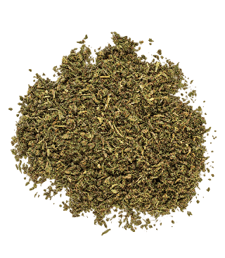 Trim de Purple Punch CBD en tas : fragments vert kaki de formes variées, avec quelques éclats violets