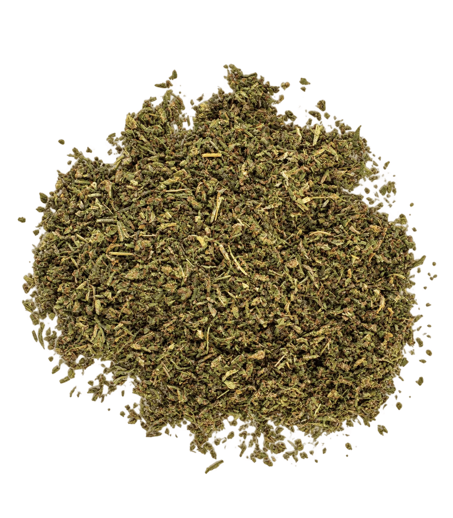 Trim de Purple Punch CBD en tas : fragments vert kaki de formes variées, avec quelques éclats violets