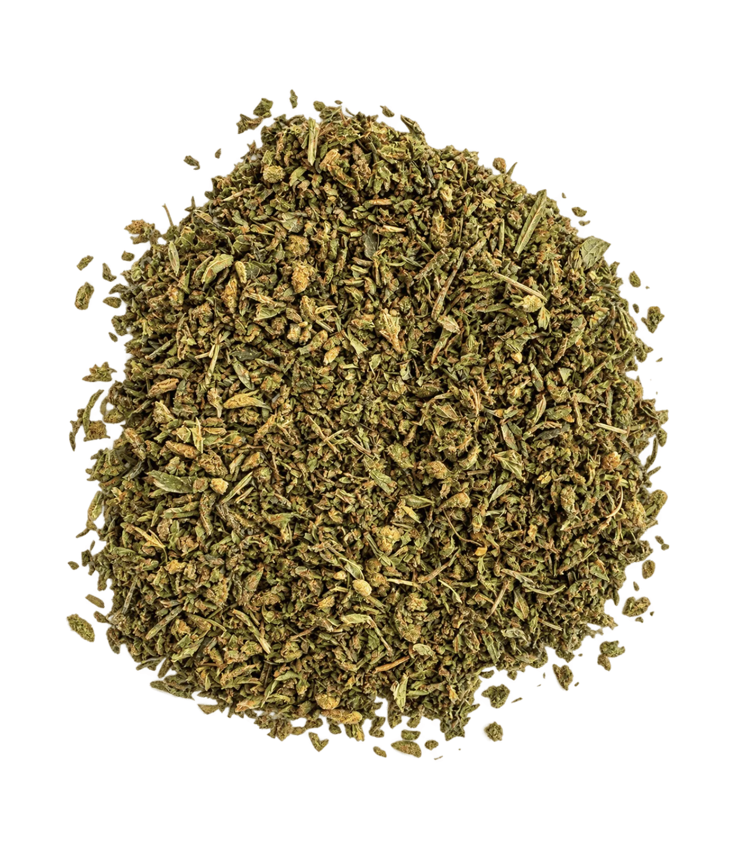 Trim de Super Lemon Haze CBD en tas : petits fragments vert foncé de tailles irrégulières, avec quelques fines tiges