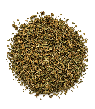Trim de Candy Cream CBD en tas : fragments vert kaki mêlés de petits éléments brun-ocre et de fines tiges