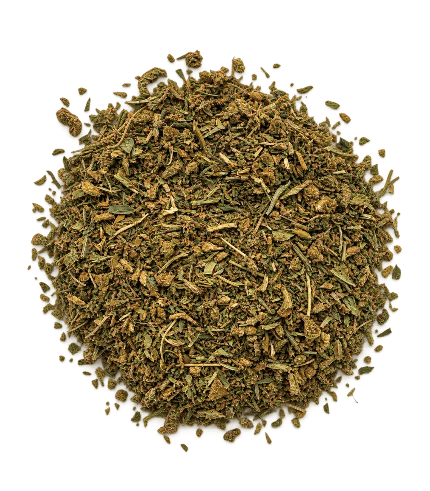 Trim de Candy Cream CBD en tas : fragments vert kaki mêlés de petits éléments brun-ocre et de fines tiges