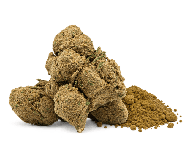 Fleur de CBD boostée, à côté d'un petit tas de pollen