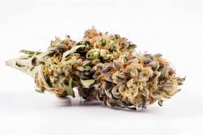 Fleur CBD Indoor en macro sur fond blanc, dense et de qualité premium.